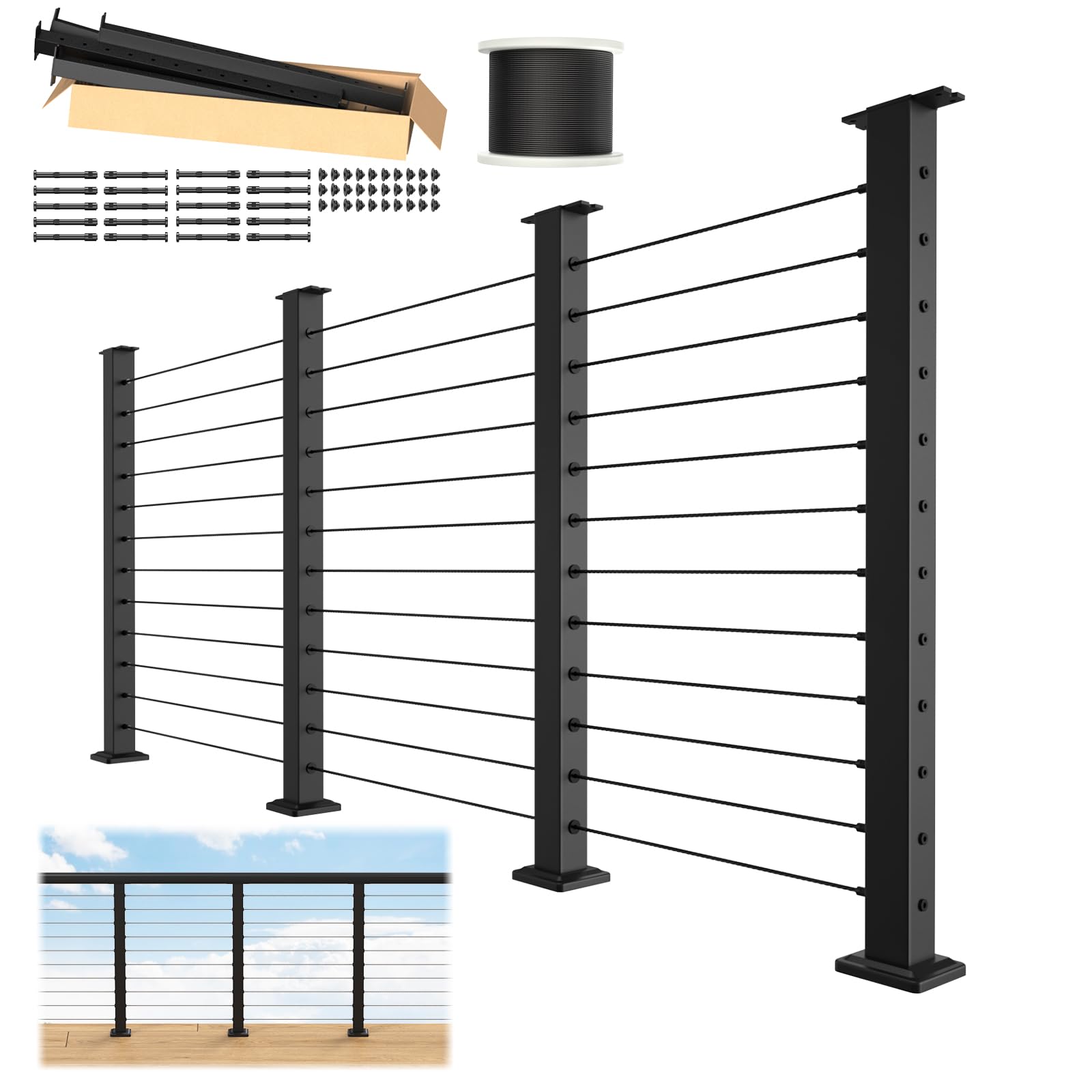 BLIKA Complete Set 42" Cable Railing Post Kit(Post 41"x2"x2"), Black Level Drilled Cable Railing Post, Swageless Deck Railing System Kit Include 4Pack Level Posts,3/16" Stainless Cable(No Handrail)