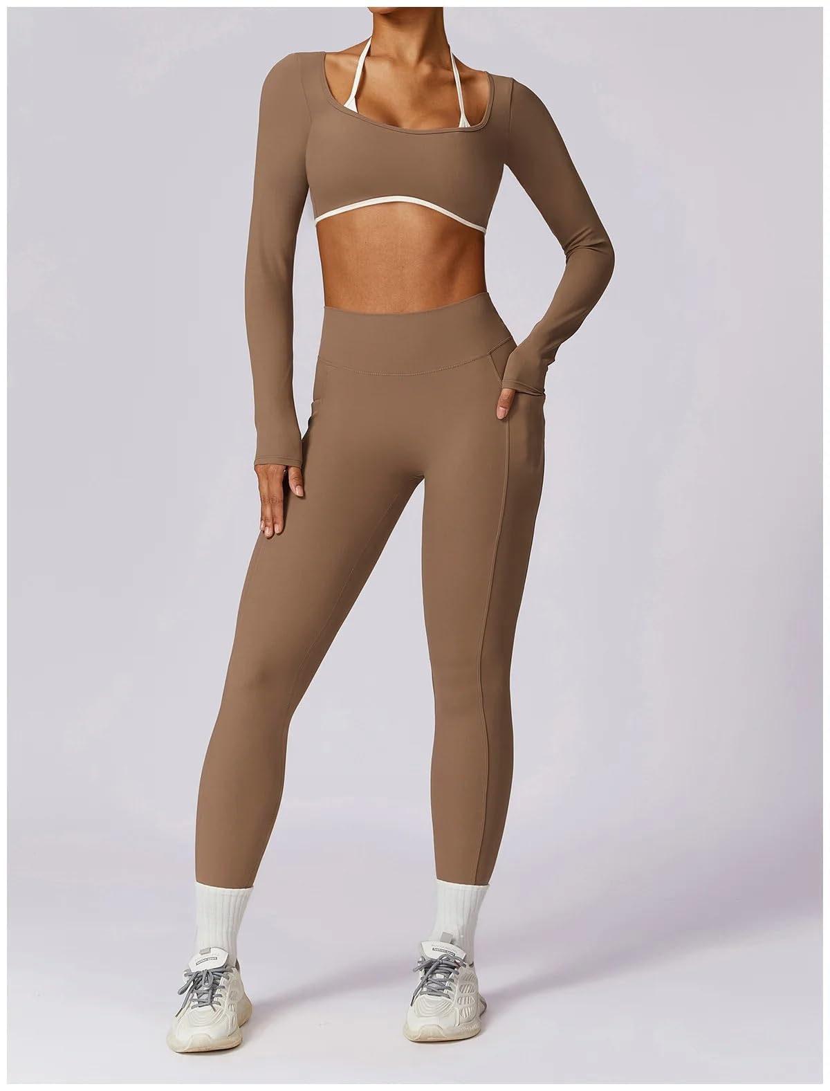 KM Damski dres do jogi, zestaw, trening, odzież sportowa, odzież na siłownię, fitness, długi rękaw, krótki top, legginsy z wysokim stanem, garnitury sportowe
