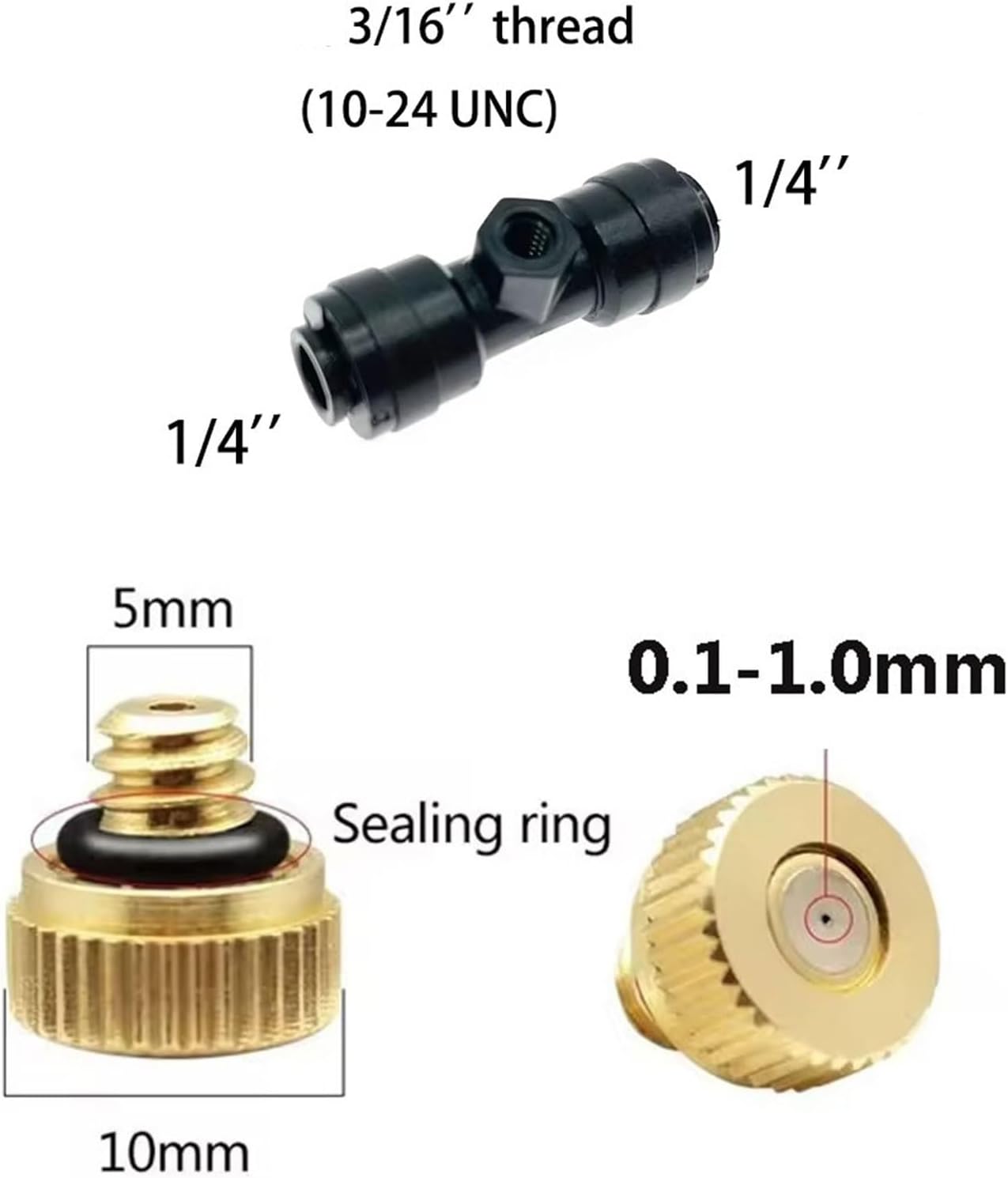 10Pcs Low Pressure Brass Misting Nozzles, Irrigation Thread Mist Nozzle with 1/4'' Tee Connector, for Dust Control Outdoor Cooling System(White,0.4mm)