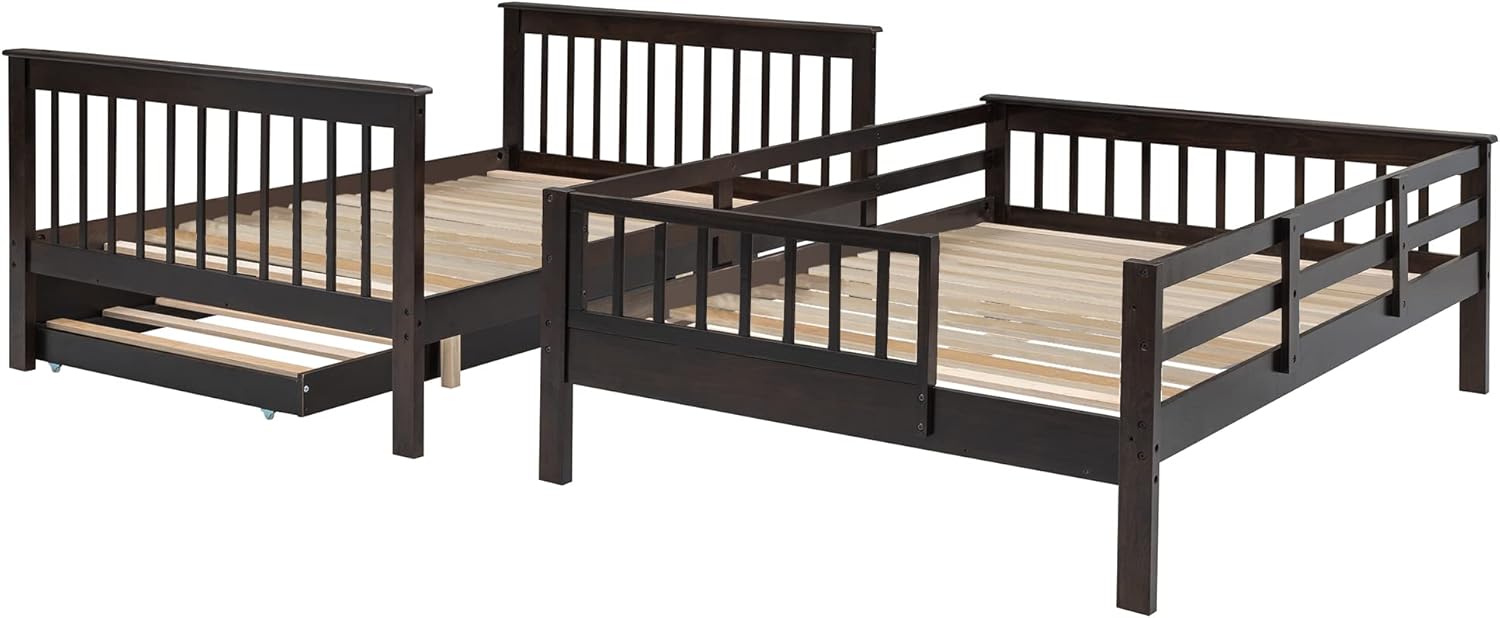 Voohek Bunk Beds Twin Over Full Size, Trundle Storage and Guard Rail for Kids, Bedroom, Dorm, Stairway, Espresso, with Storage Drawer and Shelf