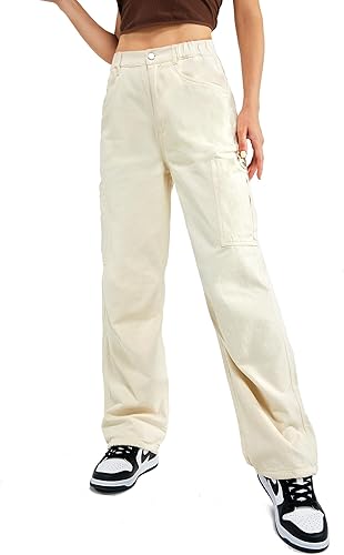 Znyeth Pantalones cargo de algodón para mujer, pierna ancha, casual, senderismo, militar, combate, trabajo, con 8 bolsillos