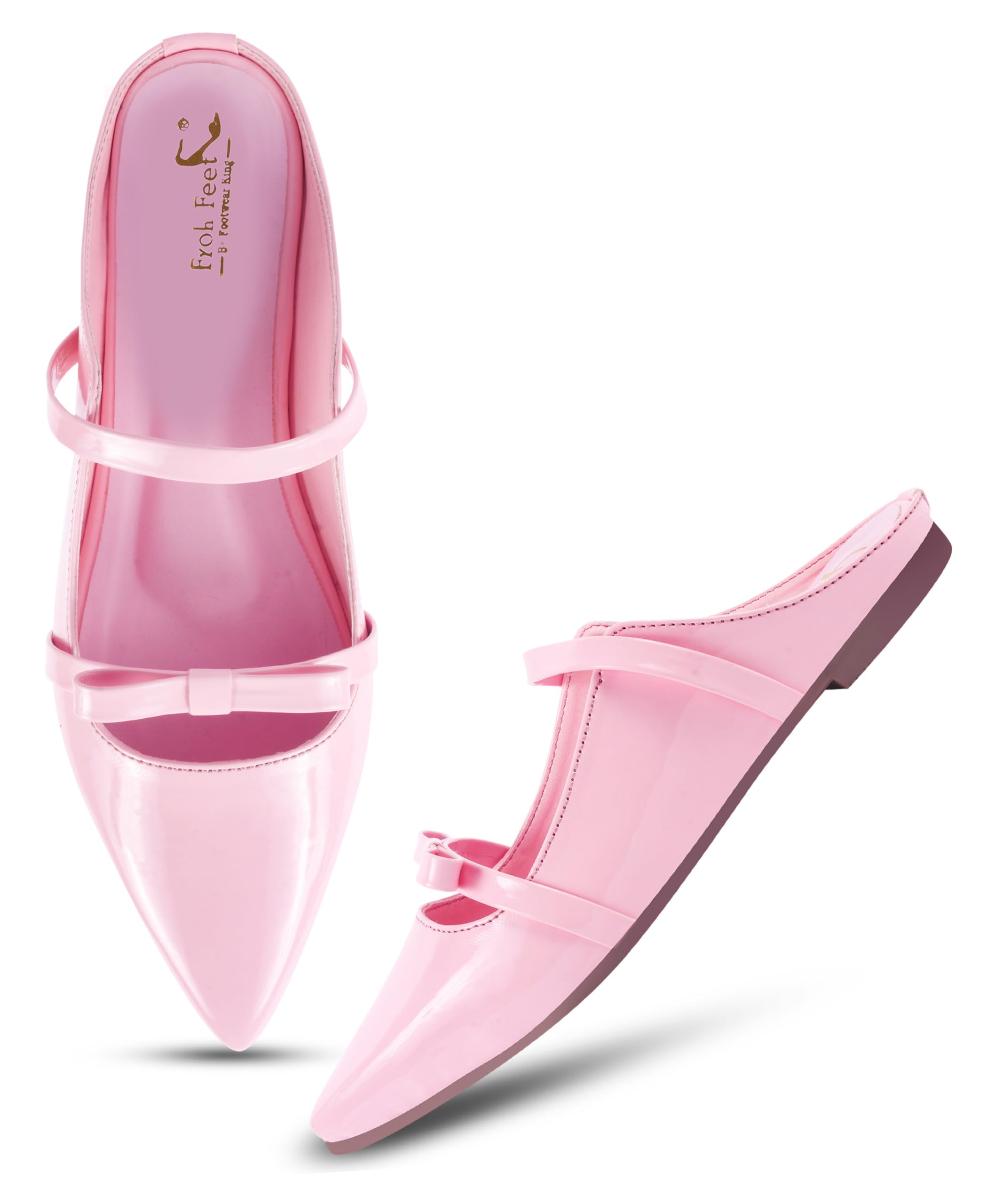 FROH FEET Women’s Mules Glossy Pointed-Toe Backless Flats with Double Straps and Bow Detail for Office and Casual Evening Outings-image-6