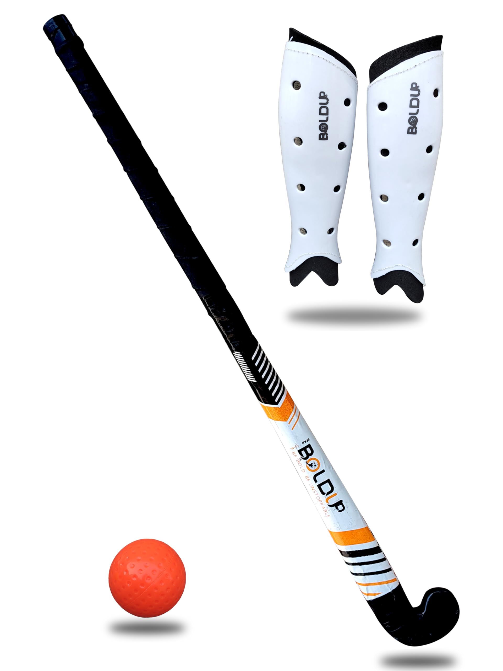 BOLDUPSolid Wood Field Hockey Stick - Beginner Practice & Self Defense Training Bat1 Ball +SHINGUARD Solid Wooden Level Solid Stick (Multicolor)