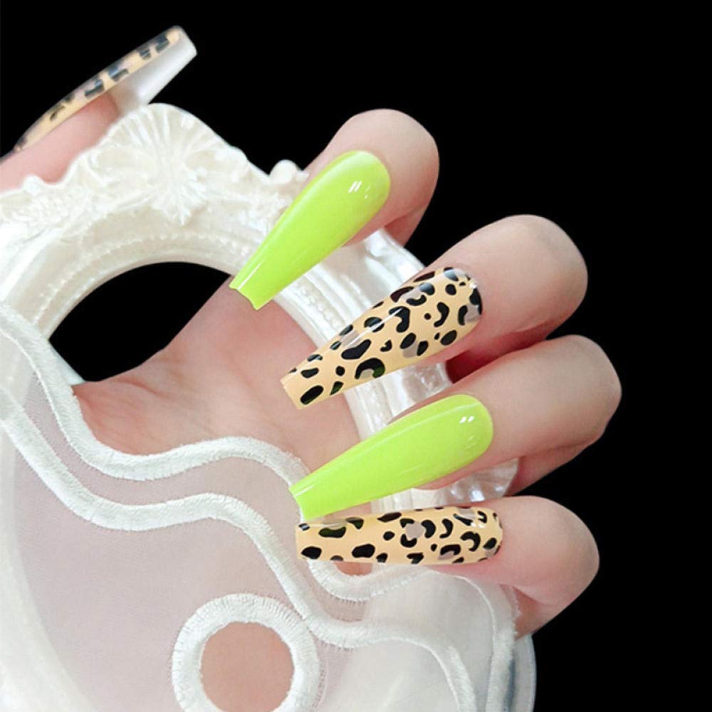 ACiyD Faux Ongles 24 pièces Presse sur Ongles Longs Pur Violet élégant Brillant Ballet Jaune imprimé léopard Faux Ongles DL