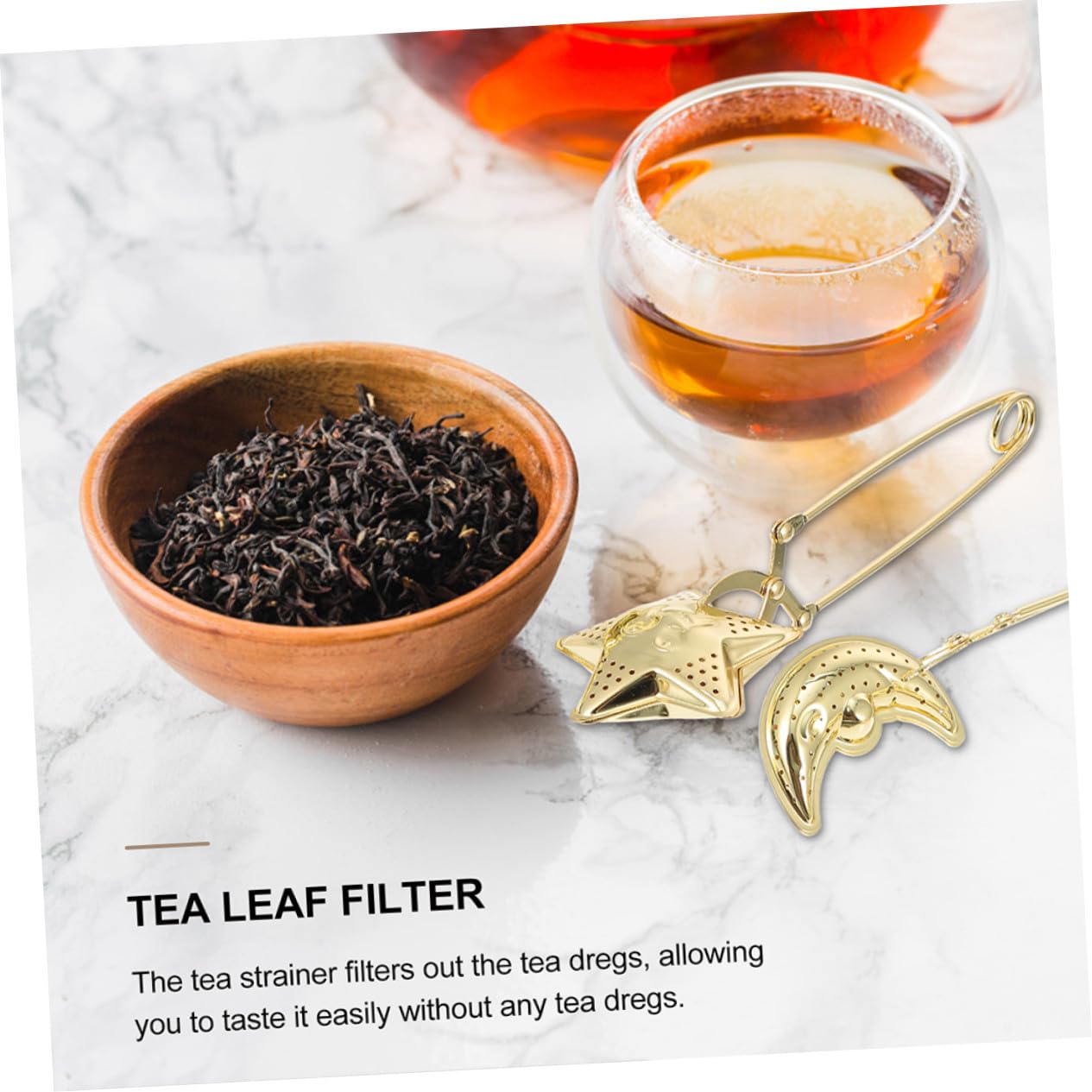 VICASKY Infuseur à Thé Passoire à Thé pour Feuilles en Vrac en Acier Inoxydable Doré avec Filtre Étoile et Lune, Portable et Résistant pour Infusion Maison