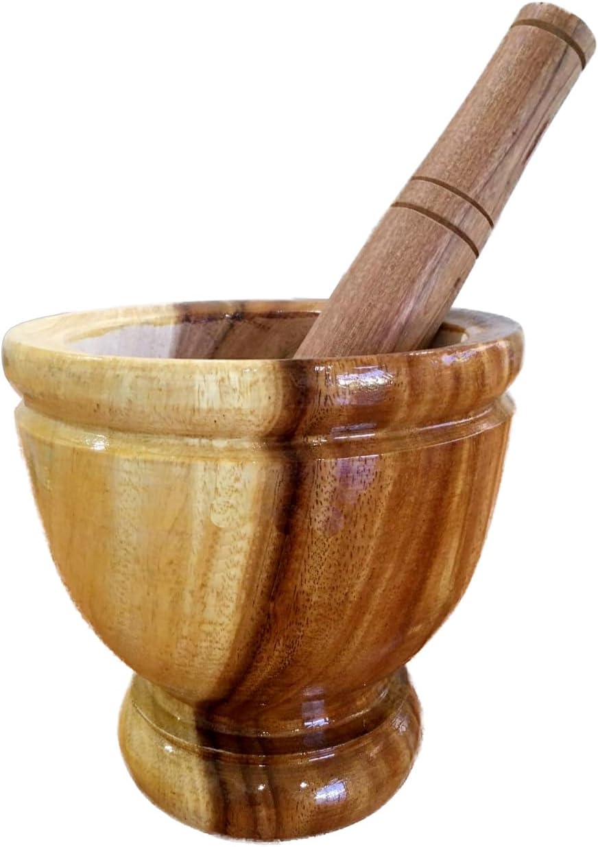 Thailand Wood Mortar with Pestle Grinding, Wooden Krok for Papaya Salad Somtum Mixer Cookware Food Home Thai Kitchen Tool (8 inches)