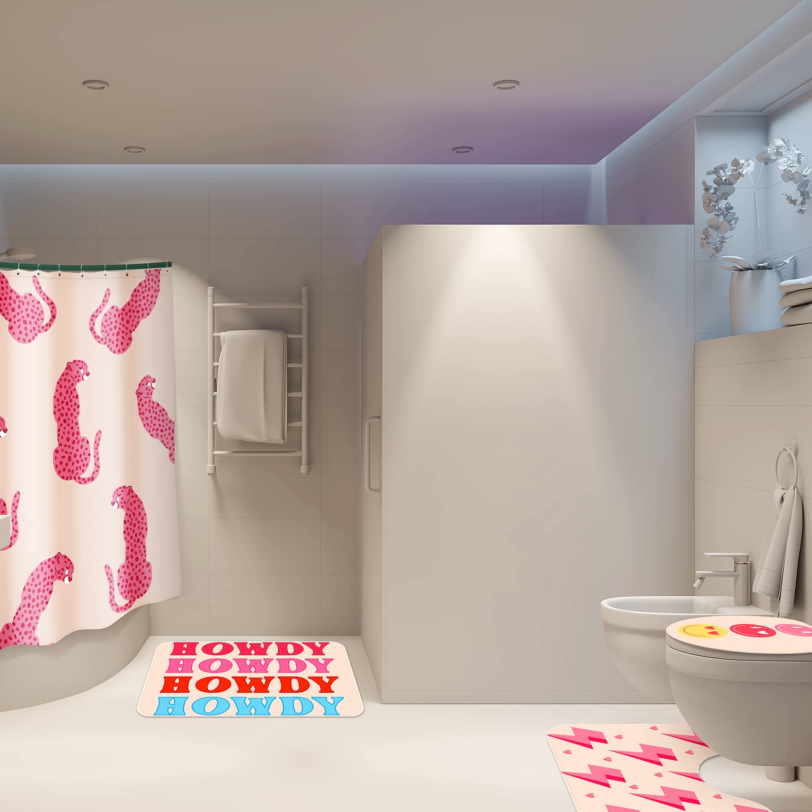 Juego de 4 piezas de baño rosa, con cortina de ducha y alfombras, impermeable, juego de cortinas de ducha con alfombras estilo cara sonriente (tapete de baño, rayo en forma de U y cubierta de 7