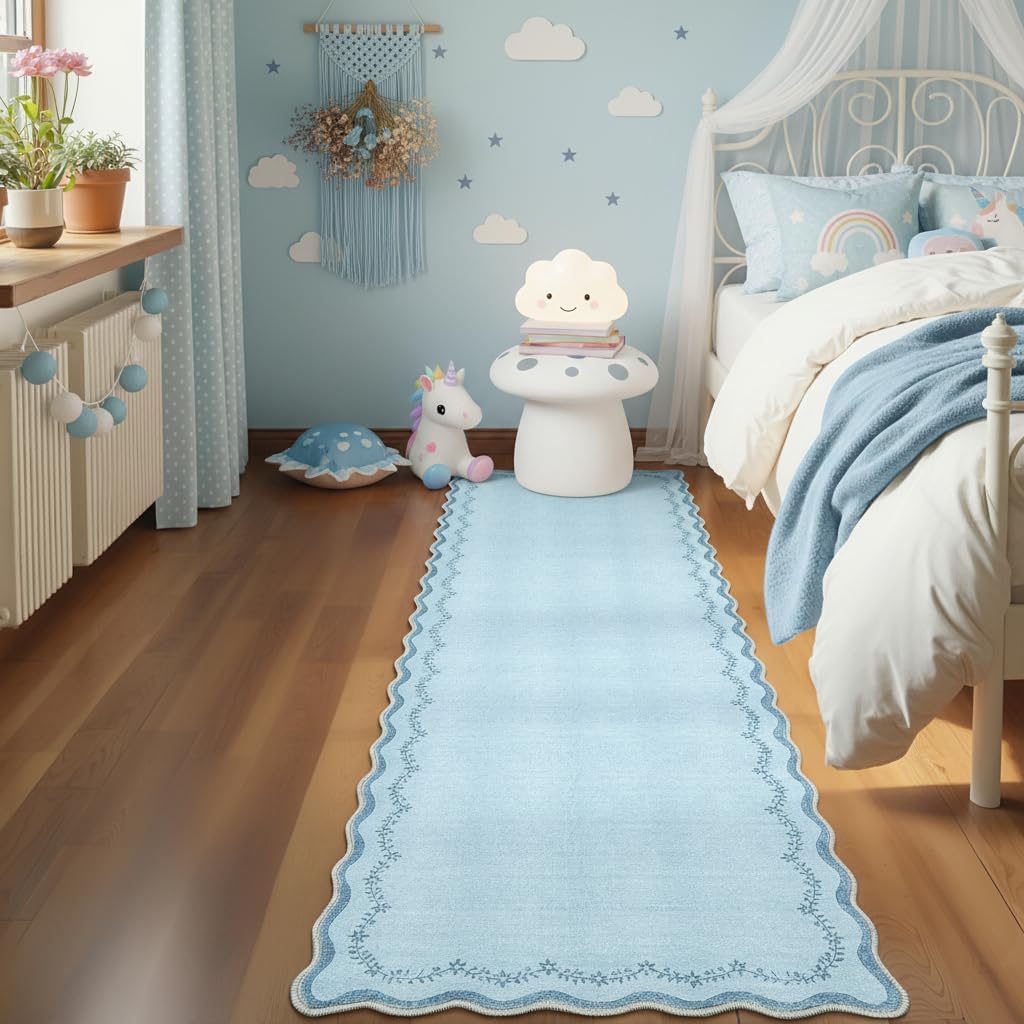 GarveeHome 2x6 Valentines Scalloped Washable Runner Rug for Kitchen, Soft Blue Hallway Runner Non Slip Entryway Rug Farmhouse Thin Laundry Mat Stain Resistant Carpet for Bedroom Bathroom Beside Rug