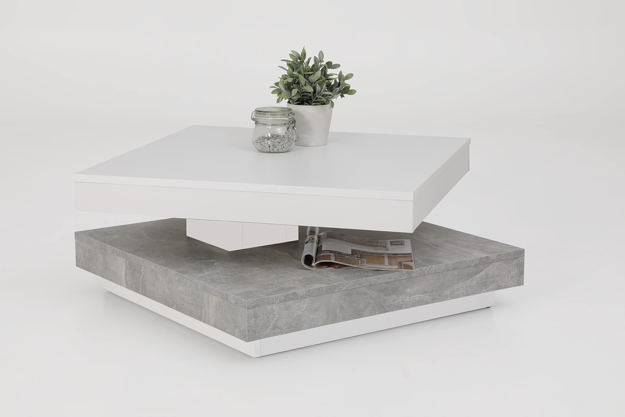 Hela Tische, Couchtisch Wohnzimmertisch Andy, Quadratisch, Holzwerkstoff ,Tischplatte drehbar 360°, Weiß/Beton, 67x67x35cm