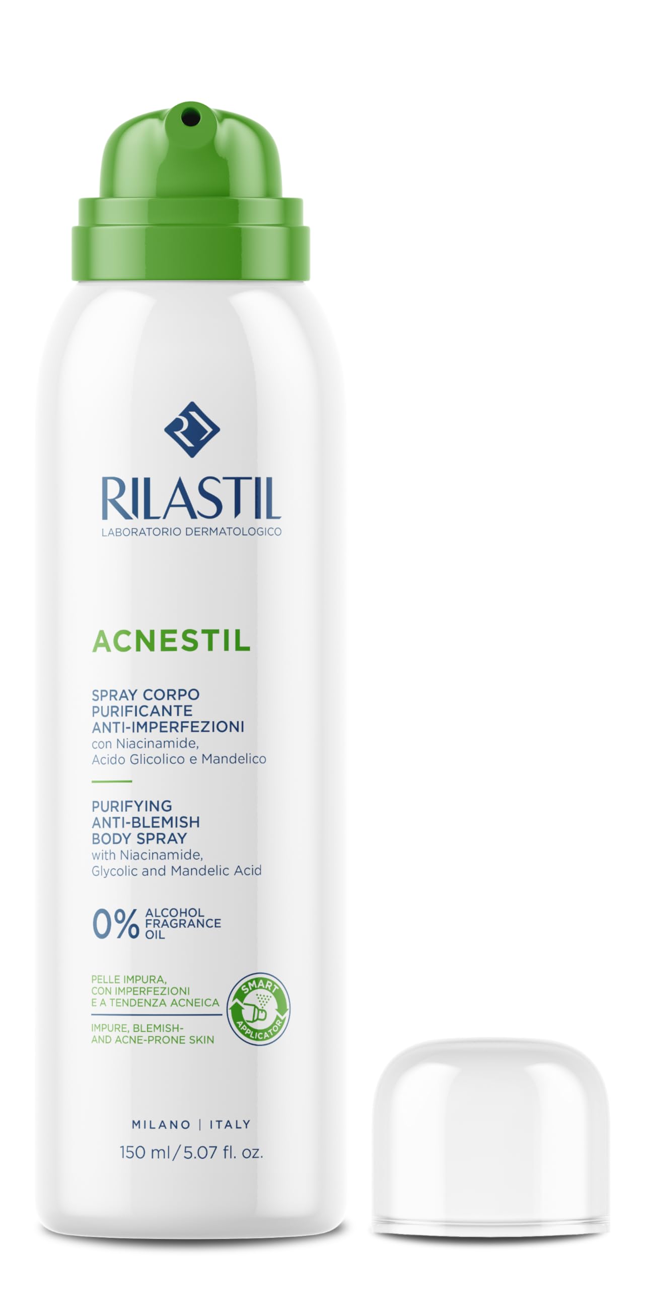 Rilastil Acnestil Spray Corpo Purificante e Anti-imperfezioni, Sebonormalizzante, Lenitivo con Niacinamide, Acido Glicolico e Acido Mandelico, 150 ml