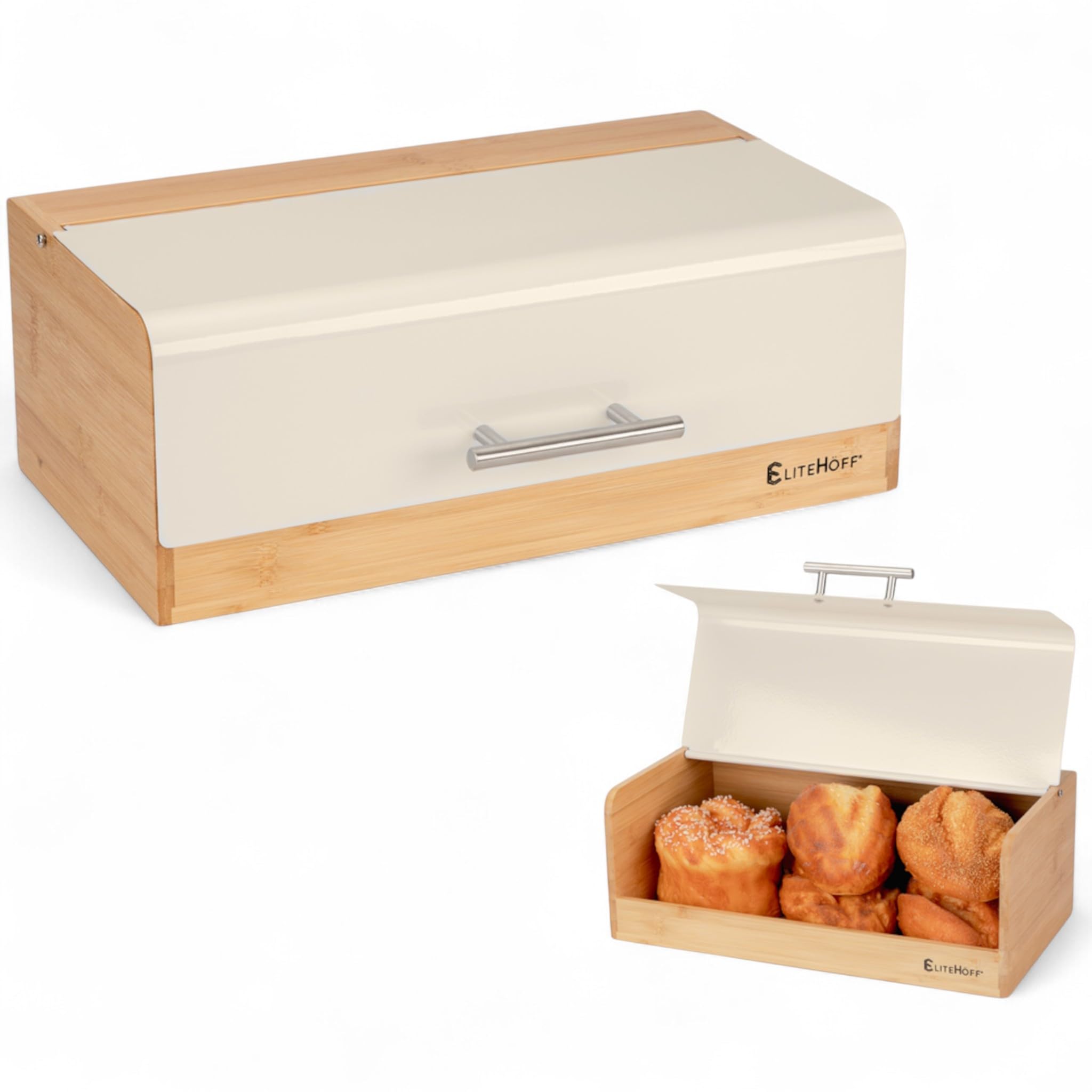 EliteHoff panera bambú metal, panera 36 x 20 x 14 cm, contenedor de almacenamiento de pan de bambú y metal, canasta de pan (beige)