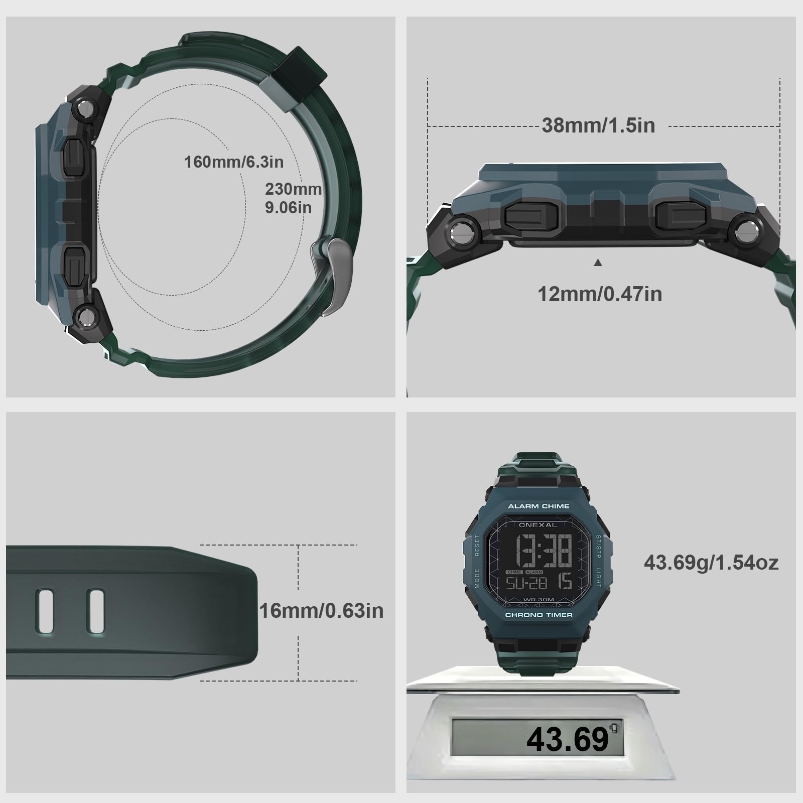 Orologio sportivo digitale da uomo, impermeabile, facile da leggere, con ampio display, cronometro, sveglia e batteria di 18 mesi