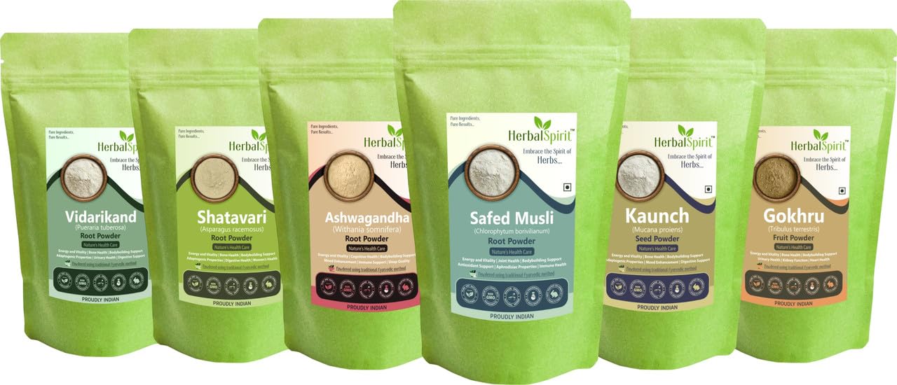 Herbal Spirit Aswagandha, Safed Musli, Kauch Ka Beej, Satavri Powder Powder with Gokhru Powder & Nela Gummadi Powder or Vidarikand Powder | Ashwagandha Safed Musli Kaunch Beej Shatavari | 100gm each