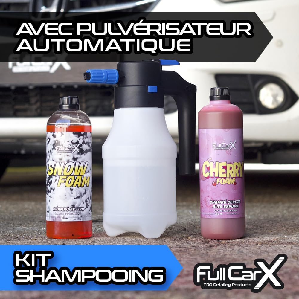 FULLCARX Kit Shampoing avec Pulvérisateur à Pression Électrique, Shampooing Mousse Active Snow Foam pH Neutre, Savon Rose Cherry, Lavage Extérieur Voiture Produit Nettoyage Detailing Professionnel