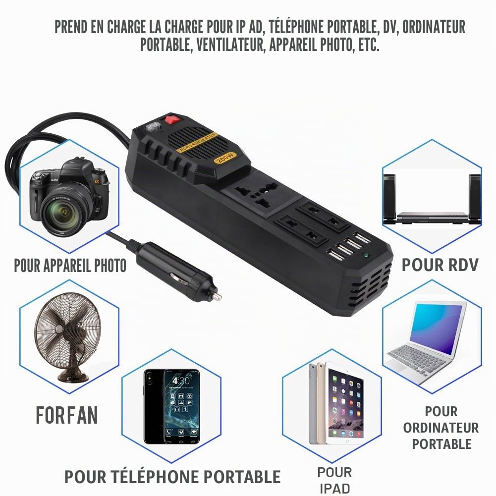Keenso Mini Onduleur 200W, Converter Convertisseur DC 12V à 220V AC Power Car Inverter Transformateur de Tension de Voiture avec 4 Allume-Cigare de Port USB Inverseur de Voiture