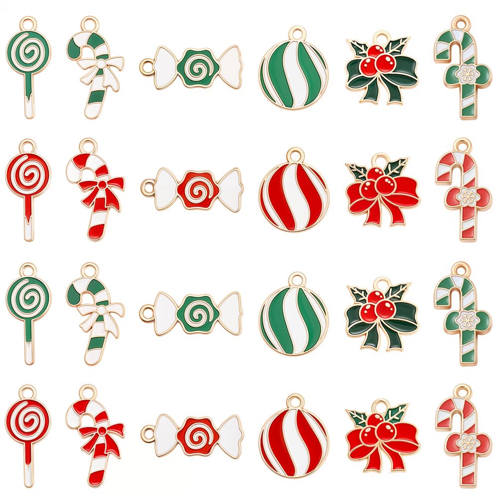 SUNNYCLUE 1 Box 48 Stück 12 Stile Weihnachts Emaille Anhänger Gemischte Weihnachtsanhänger Großpackung Legierung Grün Rot Metall Weihnachtsbonbons Schleife Feiertagsanhänger Für Die Schmuckherstellung