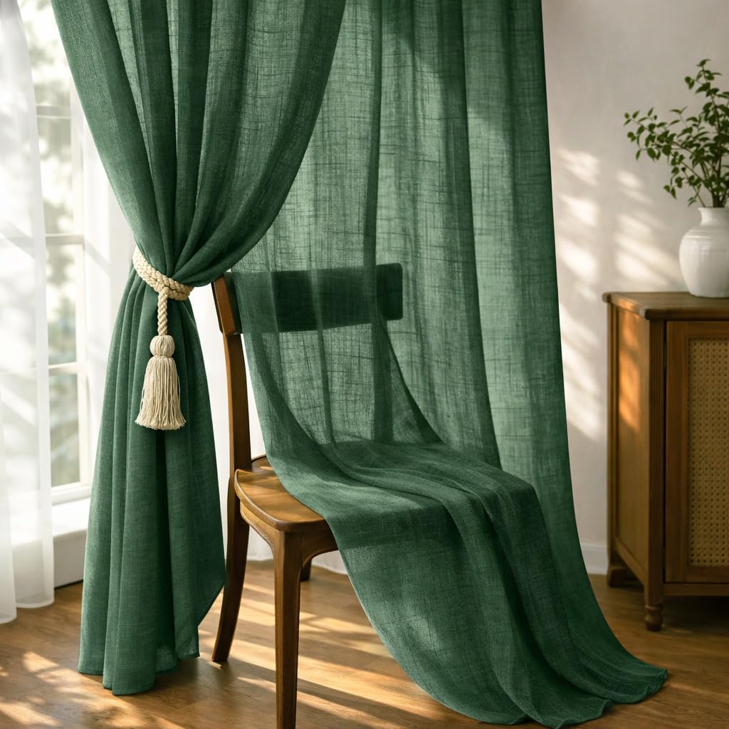 THE LINEN COMPANY Cotton Linen Sheer Long Door Drapes, Lightweight Transparent Curtain with Rod Pocket, Soft Light Filter Privacy Panel for Home Decor, Sea Green, 8 Feet, Pack of 1