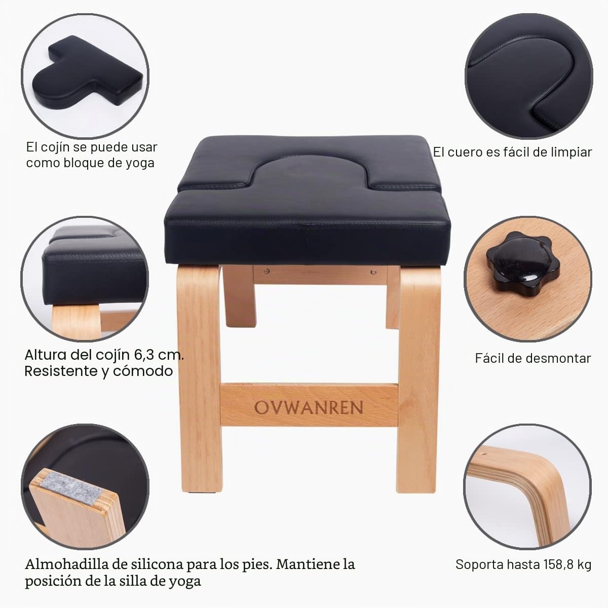 Banco de Yoga con Soporte para la Cabeza, Silla de Yoga para la Familia, Gimnasio, Almohadillas de Madera y Poliuretano, Alivia la Fatiga y construye el Cuerpo (Negro)