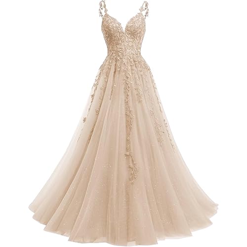 YMSHA V Neck Tulle Prom Dresses 2025 Long Sparkly Lace Formal Party Dress YMS23