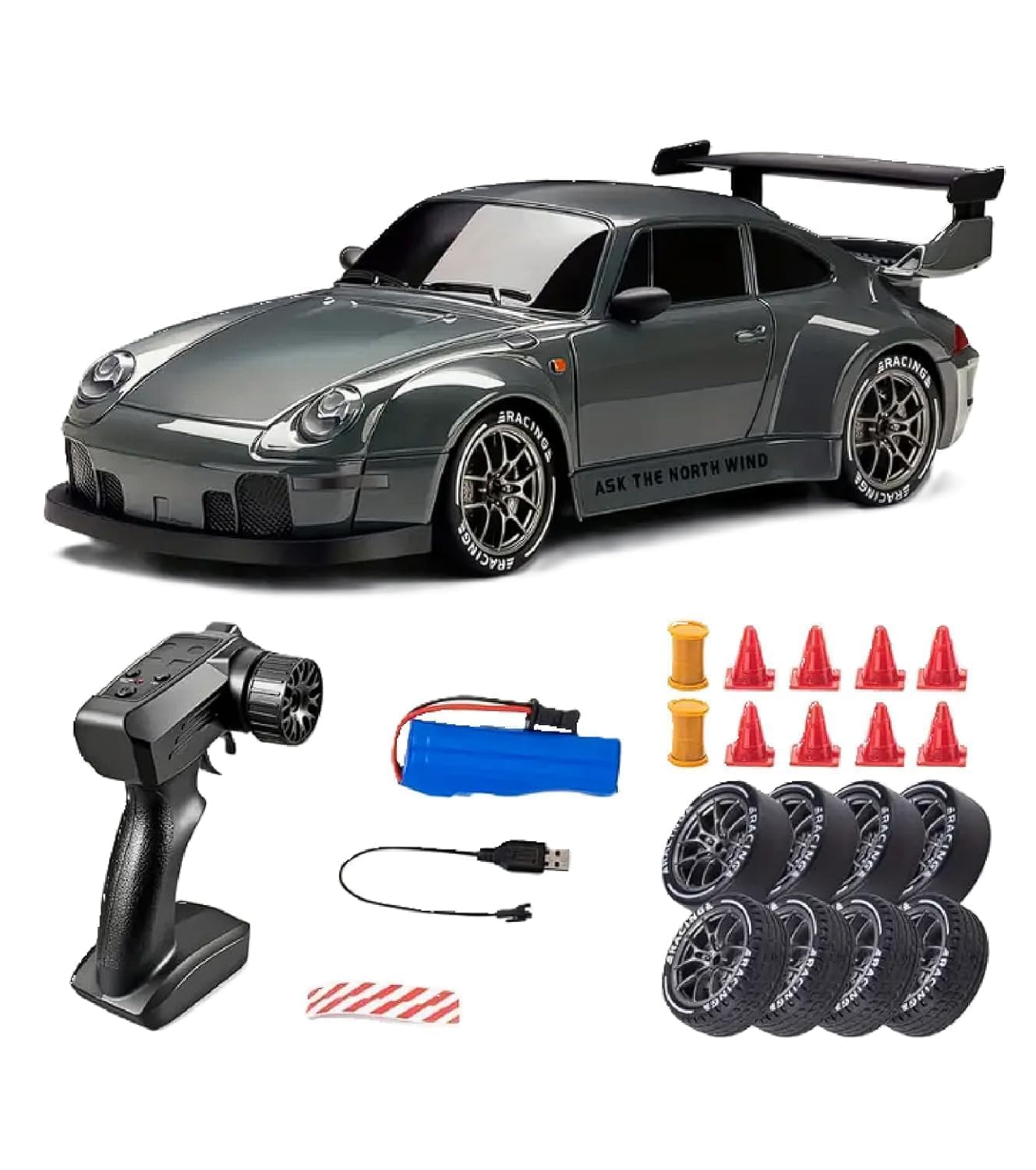 RC Drift Car 4WD High Speed RC Car for Adults with 2.4GHz Wireless Remote Control, LED Lights, High Grip Tires and 500mAh Rechargeable Battery, Multicolor