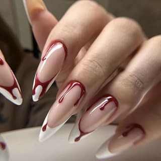 Halloween Almond Press on Nails Long French Tips Fake Nails Stiletto False Nails with Desings Wound Bleed Blood Acrylic Nails Bloodiness Horror Glue on Nails Press ons for Women Girls 24Pcs