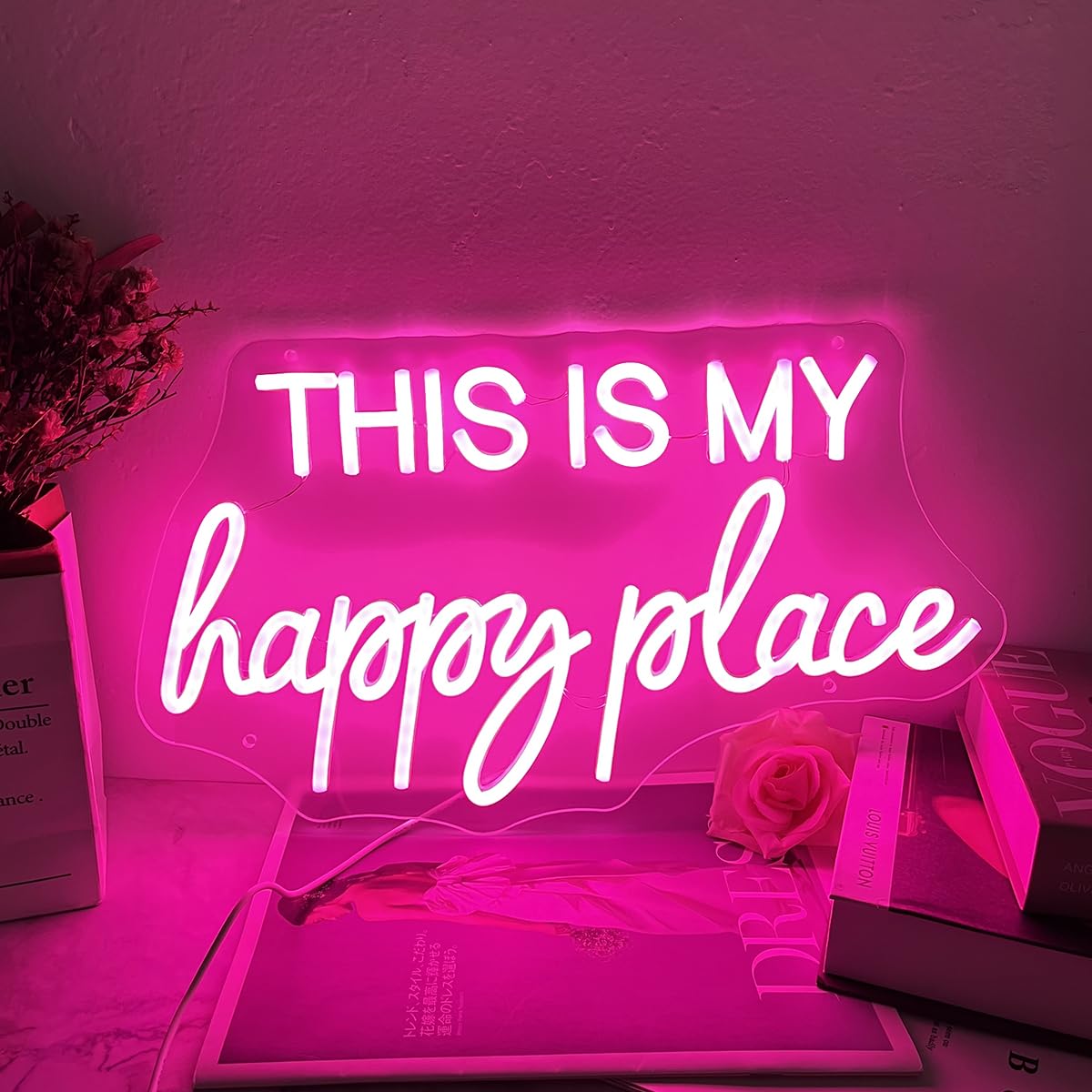 This is My Happy Place Neon Sign Pink LED Letter Neon Light Teen Girls Room Decor, Happy Place Light Up Sign for Bedroom Home College Dorm Game Room Decor, USB Powered with Dimmable Switch