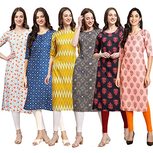 Image of Pinkmint Women's Crepe Digital Print Straight Kurta Pack of 6 [CR-336-370-344-343-328-366]