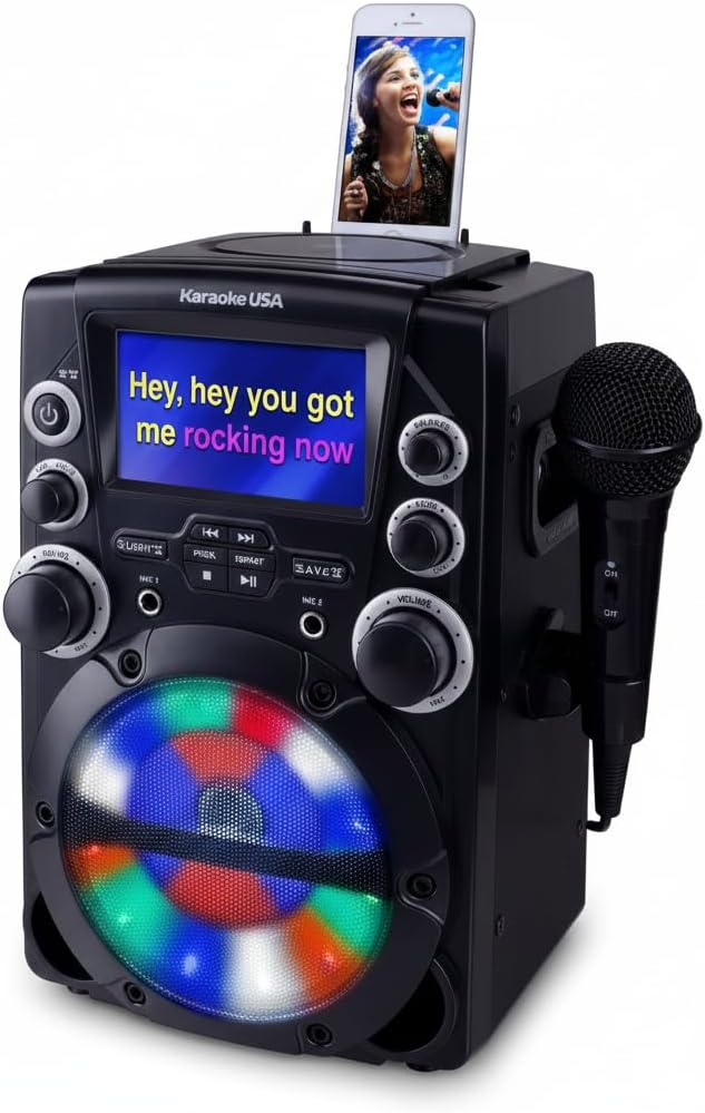 Portable Karaoke Machine with Lyrics Display | Color Screen | CD+G, MP3+G & USB MP3 | Wireless Bluetooth Speaker with Built-in Rechargeable Battery and LED Flashing Lights | Includes Wired Microphone