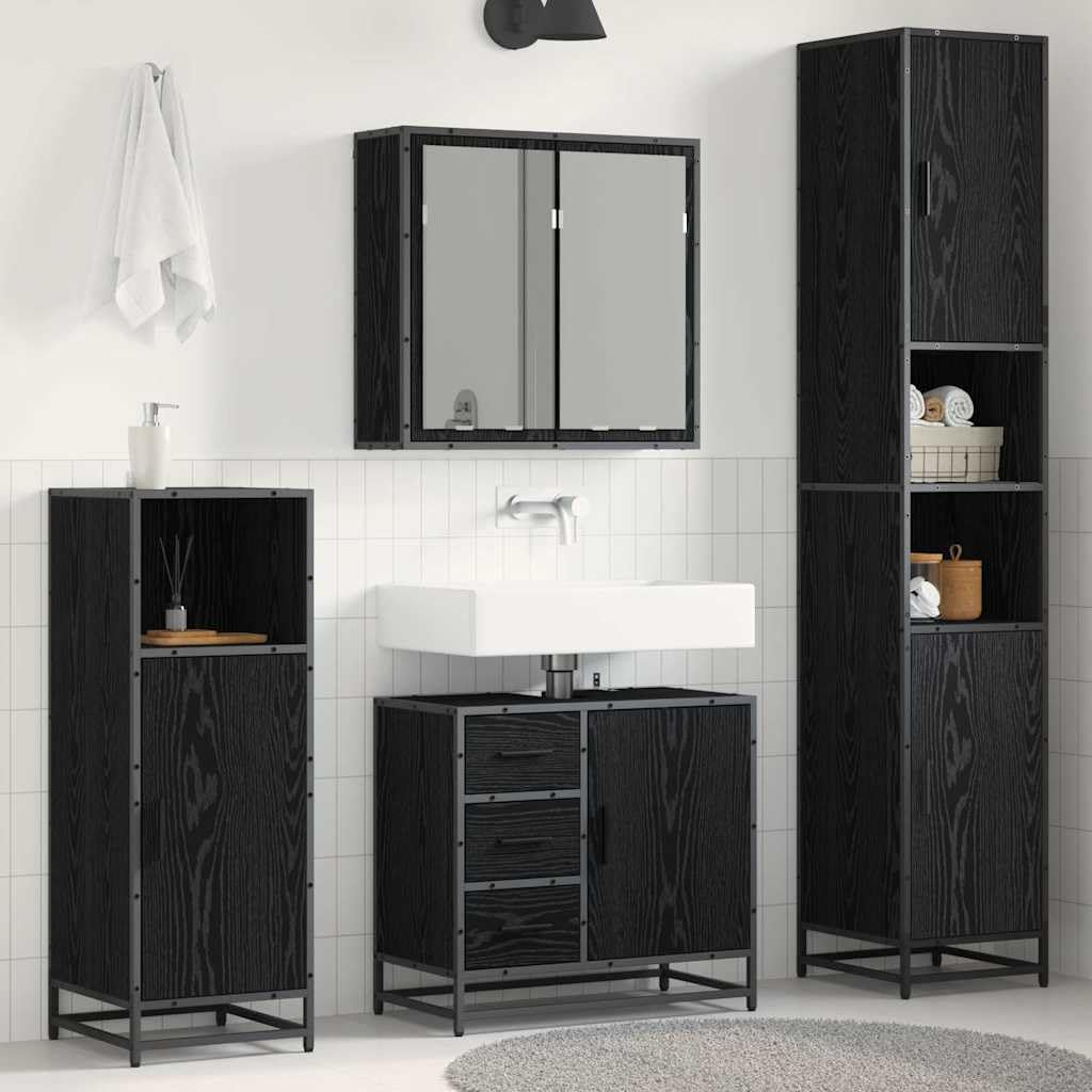 Set di mobili da bagno, 4 pezzi, nero, effetto rovere, materiale in legno