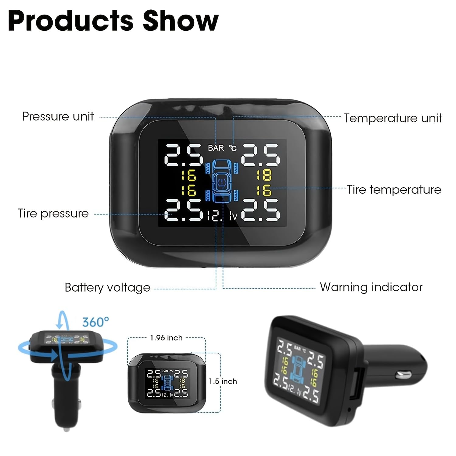 Tire Pressure Monitoring System, Wireless TPMS Car Charger Powered Adjustable Display Angle Car Voltage Monitoring Real-Time Display for Car RV SUV(0-98PSI)