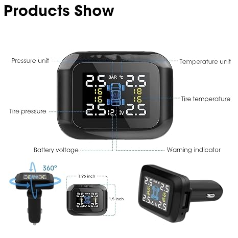 Tire Pressure Monitoring System, Wireless TPMS Car Charger Powered Adjustable Display Angle Car Voltage Monitoring Real-Time Display for Car RV SUV(0-98PSI)