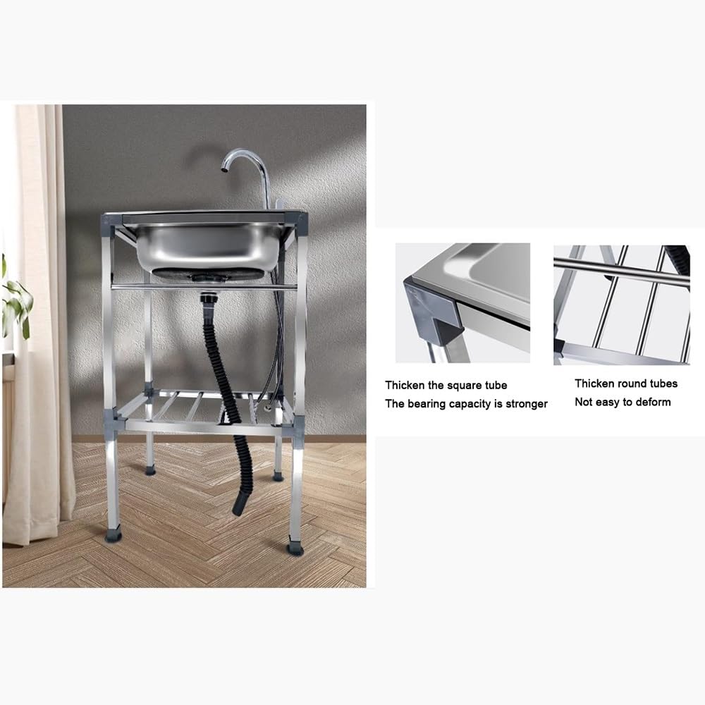 KADEUX Stainless Steel Kitchen Sink Set, Simple Restaurant Laundry Sink, Portable Industrial Sink W/Cold Hot Water Pipe, Freestanding Hand Washing Station ( Color : Hot and Cold , Size : 53*38cm/21*15
