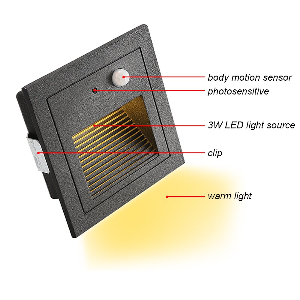 4Foco Empotrable de Pared LED 3W Lámpara de Pared Lámpara de luz de Escalera Detector de Movimiento Piso Lámpara de Escalera Empotrada Lámpara de Salón 2800K blanco Cálido