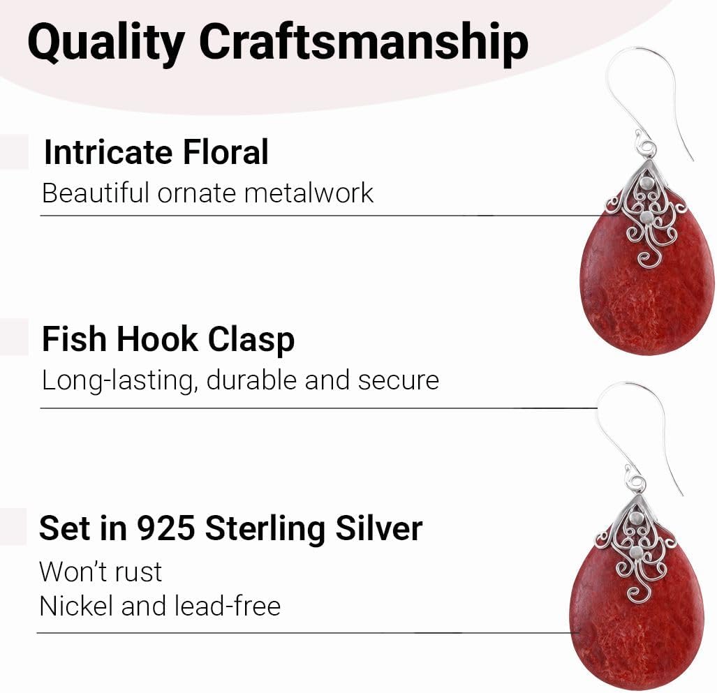 Red Coral Dangle Earrings for Women in 925 Sterling Silver - Dangling Drop Coral Earrings Handmade Birthstone Vintage Boho Jewelry Birthday Valentines Day Gifts for Women - Image 6