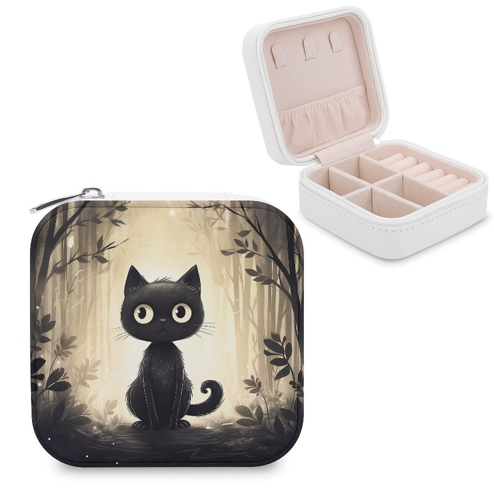FekiLoot Hand Drawn Black Cat Jewelry Case Personalized Leather Jewelry Box Mini Travel Jewelry Case Small Portable Jewelry Organizer for Ring Earrings Necklace Bracelet