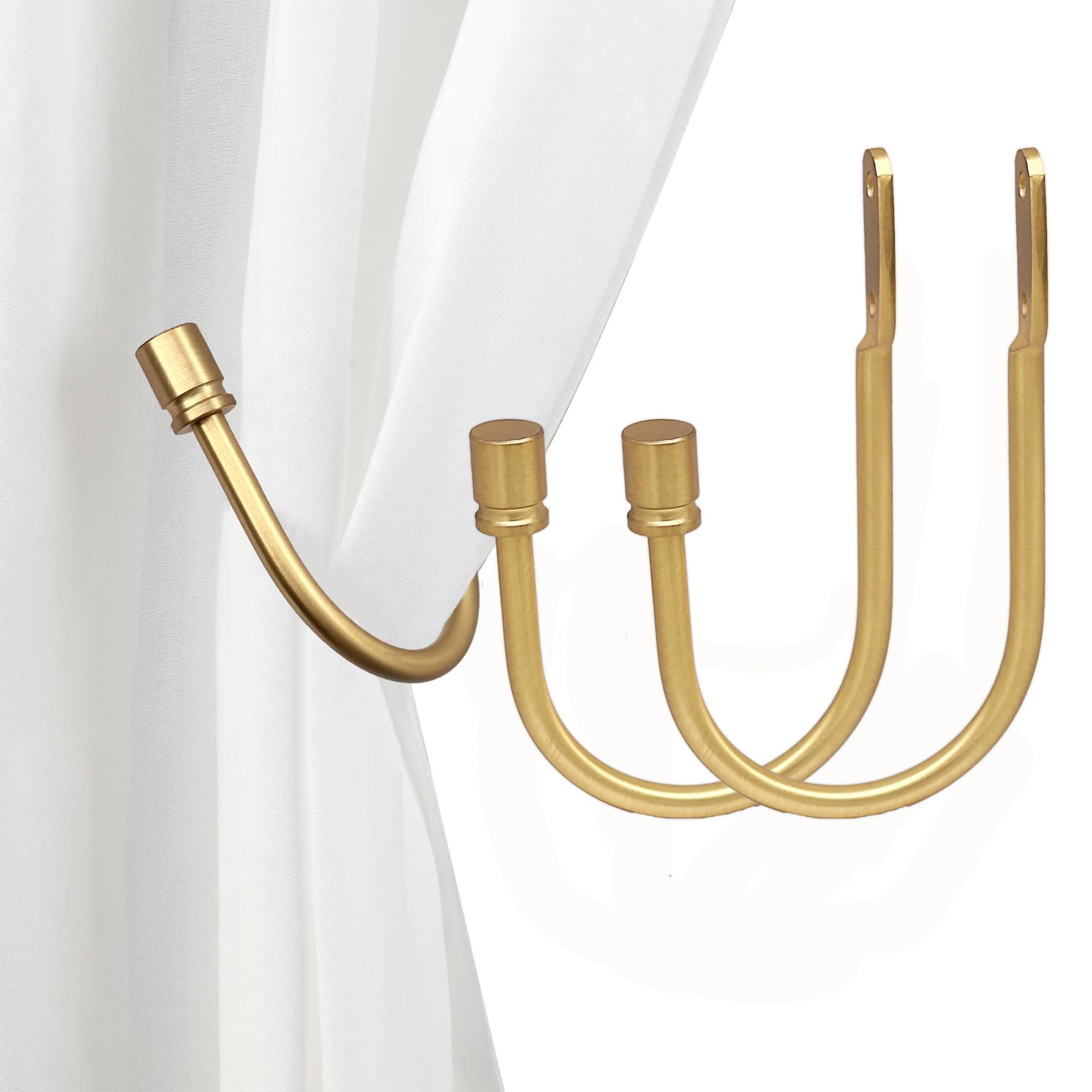 Arnorx 2 PCS Curtain Holdbacks, Metal Decorative Curtain Tiebacks with End Cap Finials, Wall Mounted Window Drapery Holdback Hooks for Living Room, Bedroom and More, Dark Gold