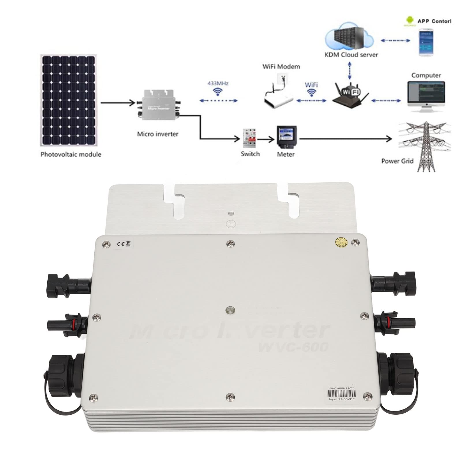 Garosa Inversor Conectado a Micro Red Inversor Solar de Aleación de Aluminio 600W 550W Salida Nominal 99,5% MPPT IP65 para Sistemas de Paneles Solares en Uso Industrial en Cobertizos Domésticos