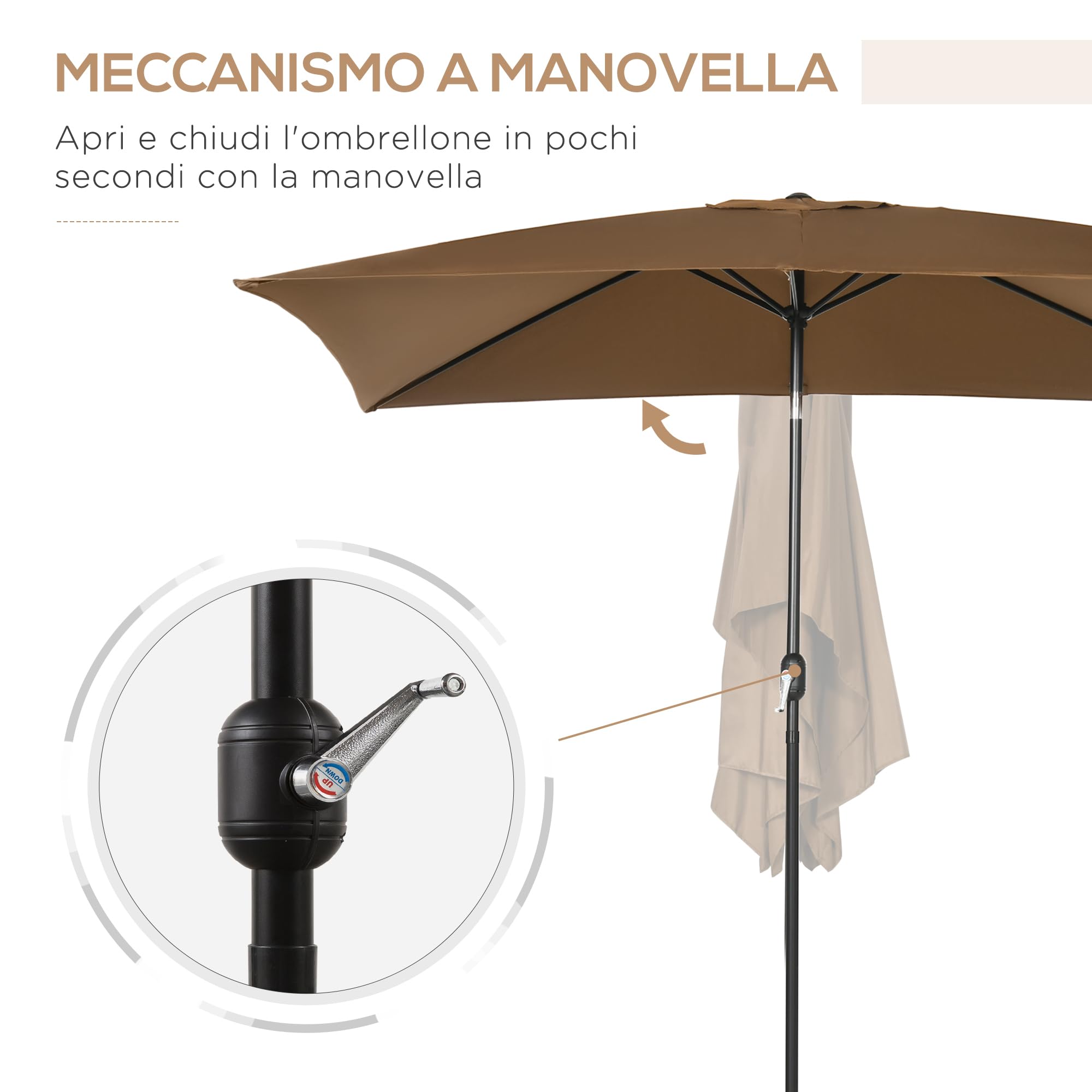 Outsunny Ombrellone da Giardino 2x3 m Inclinabile con Manovella, Ombrellone da Esterno con 6 Stecche in Alluminio e Poliestere, per Cortile, Terrazza e Balcone, Protezione UV