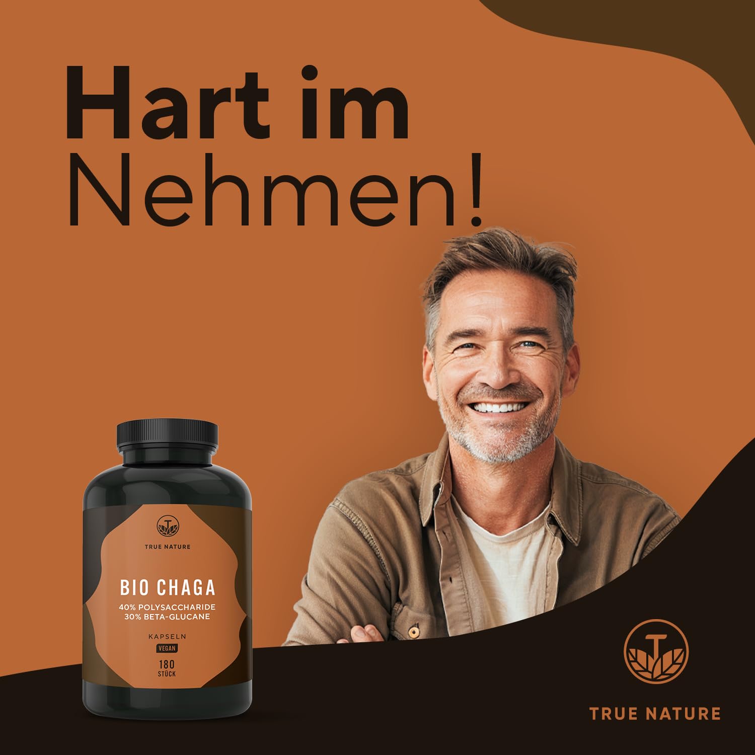 BIO Chaga Pilz Extrakt - 180 Kapseln - 12.000mg Extrakt (10:1) - 40% Polysaccharide - 30% Beta Glucane - Schiefer Schillerporling Pulver - Vegan, Deutsche Produktion - TRUE NATURE®