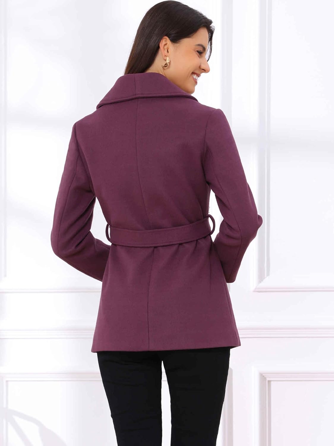 Allegra K Pea Coats for Women Lapel Collar One Button Overcoat with Belt Winter Coat - Image 2
