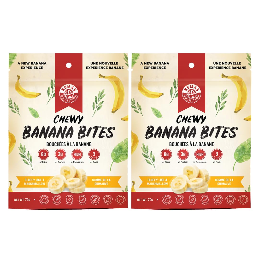 Nomad Nutrition Chewy Banana Bites | Marshmallow-Like Dehydrated Organic Bananas | Freeze-Dried Camping & Backpacking Food | No Added Sugar or Preservatives | Lightweight Hiking Food | 70g (Pack of 2)