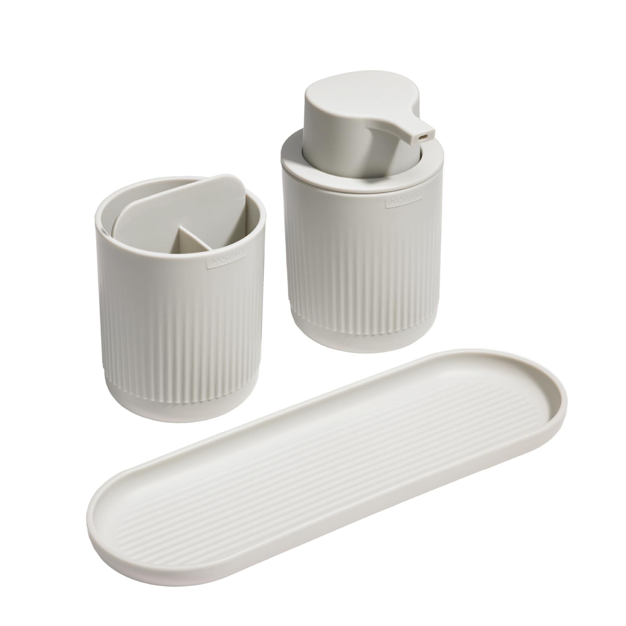 ReBorn Juego de baño reciclado, soporte para cepillo de dientes, dispensador de jabón y bandeja de baño en un paquete, fácil de limpiar con piezas extraíbles, fabricado en Gran Bretaña con materiales