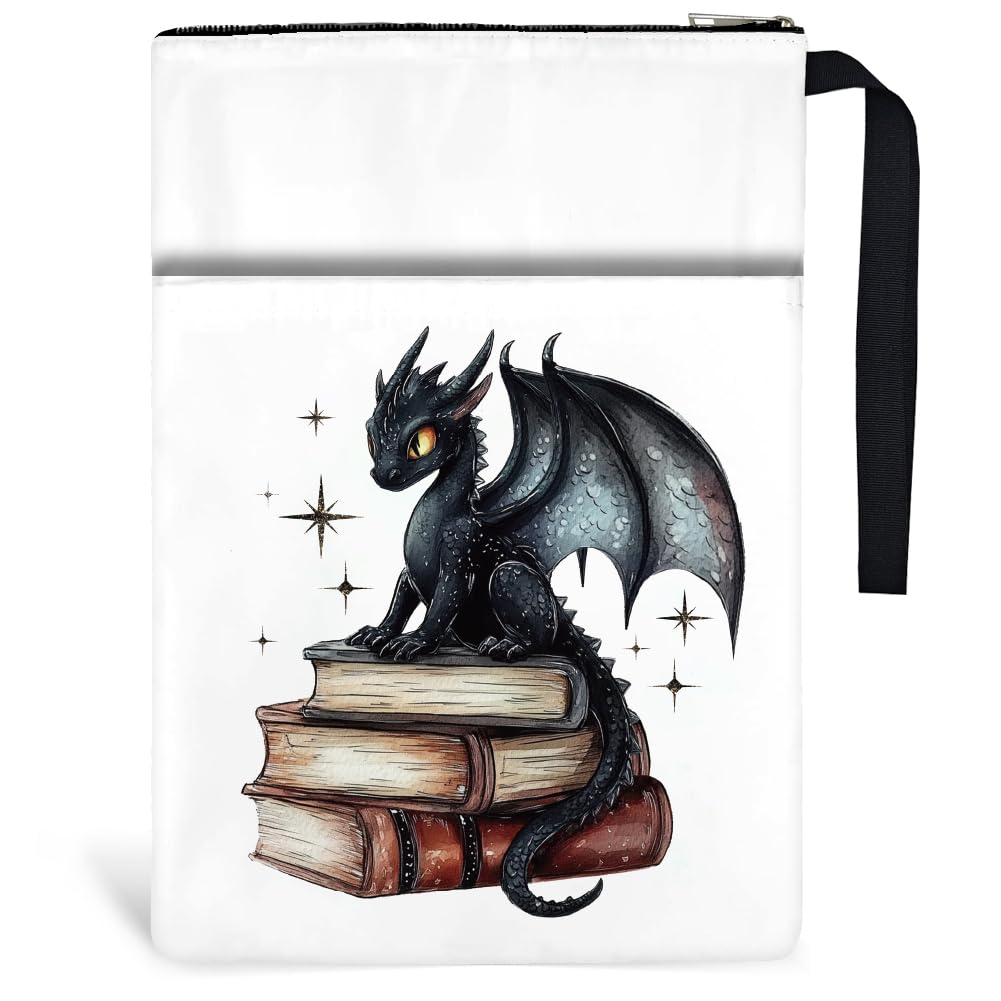 1 copertina per libri con drago, 34 x 24 cm, in poliestere, con chiusura lampo e tasca frontale, regalo di compleanno, per studenti e amanti della lettura