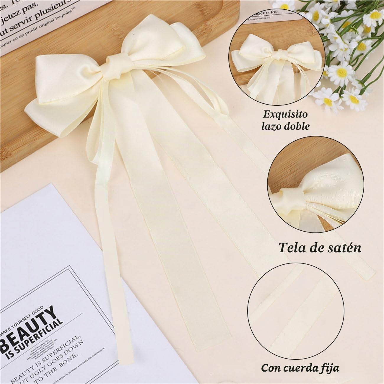 10 Pcs Lazos Dobles de satén para Coches Boda, Lazos Decorativos Envolver Regalos, Manualidades, Bolsas Caramelos, árboles Navidad, decoración Bodas, decoración mesas, Beige
