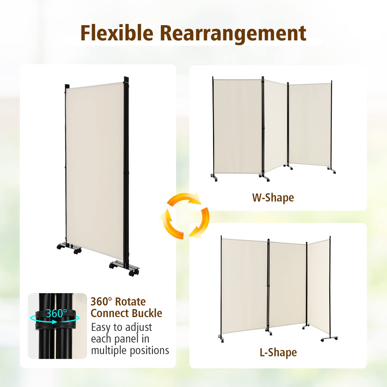 GIANTEX Biombo Plegable con Ruedas, Separador de Privacidad 3 Paneles, 262 x 180 cm, Divisor de Habitación Independiente con Patas Anchas, Pantalla de Tela para Protección Privada (Beige)