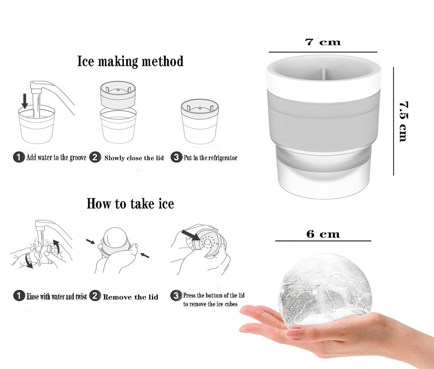 PIPITA 4 moldes para Hacer Bolas de Hielo,7cm Bandeja de Hielo en forma Redonda Grande, Diseño Doble a Prueba de Fugas con Anillo de Presión, Ideal para Whisky o Cualquier otra Bebida