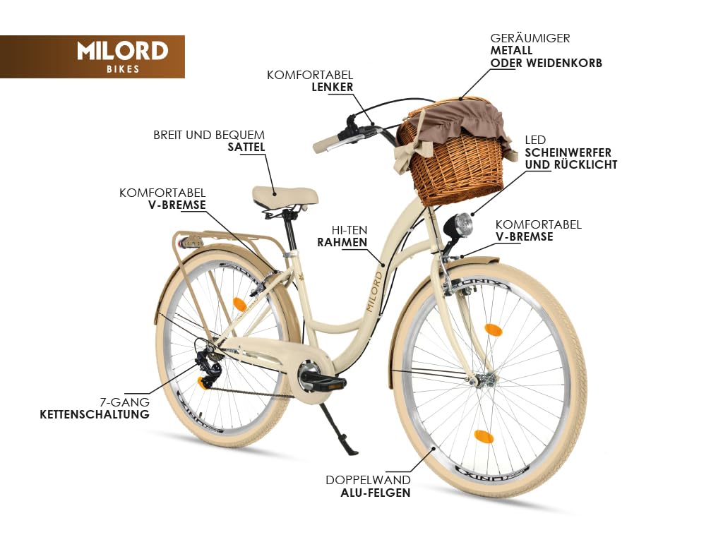 Balticuz OU Komfort Fahrrad mit Korb, Hollandrad, Damenfahrrad, Citybike, Retro, Vintage, 28 Zoll, Beige-Braun, 7-Gang Sport & Freizeit