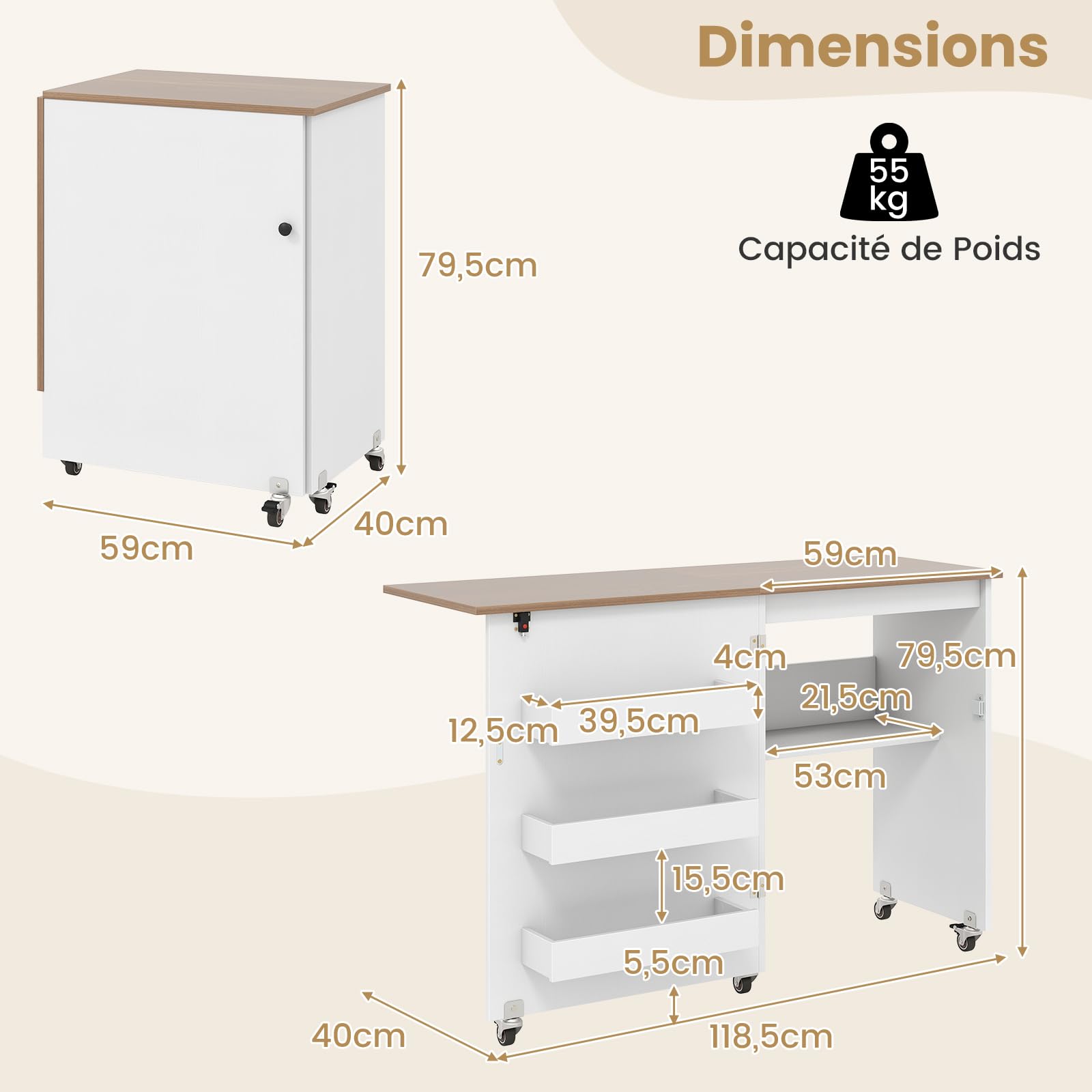 COSTWAY Table de Couture Pliante à roulettes, Armoire pour Machine à Coudre Roulante avec Étagère de Rangement, 3 Bacs Cachés, Meuble Couture pour Salon, Bureau, Studio (Blanc+Naturel)