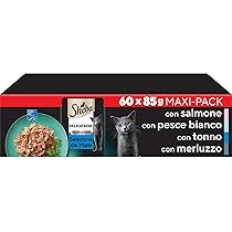 Sheba Delicatezze in Gelatina, Tonno, Salmone, Pesce Bianco e Merluzzo, cibo umido completo per gatti adulti, 60 bustine da 85g