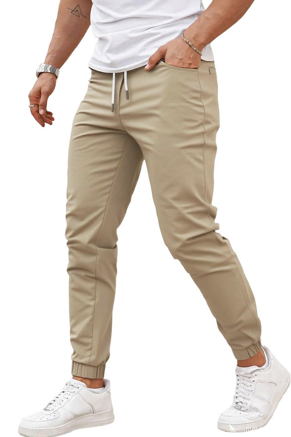 GINGTTO Mens Jogger Pants Slim Fit Stretch Drawstring Tapered Leg | 28 inch, Chinos, Short length, Elastic Waist, Versatile for hiking and daily occasions.
